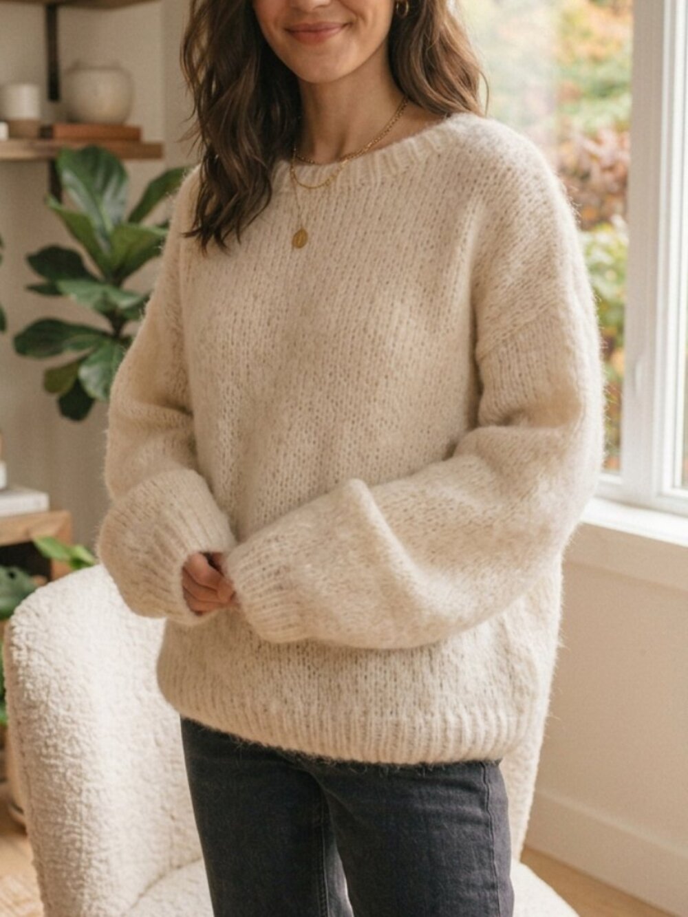 H&M Premium Mohair Wool Blend Oversized Cozychic Sweater Knit Cream XL